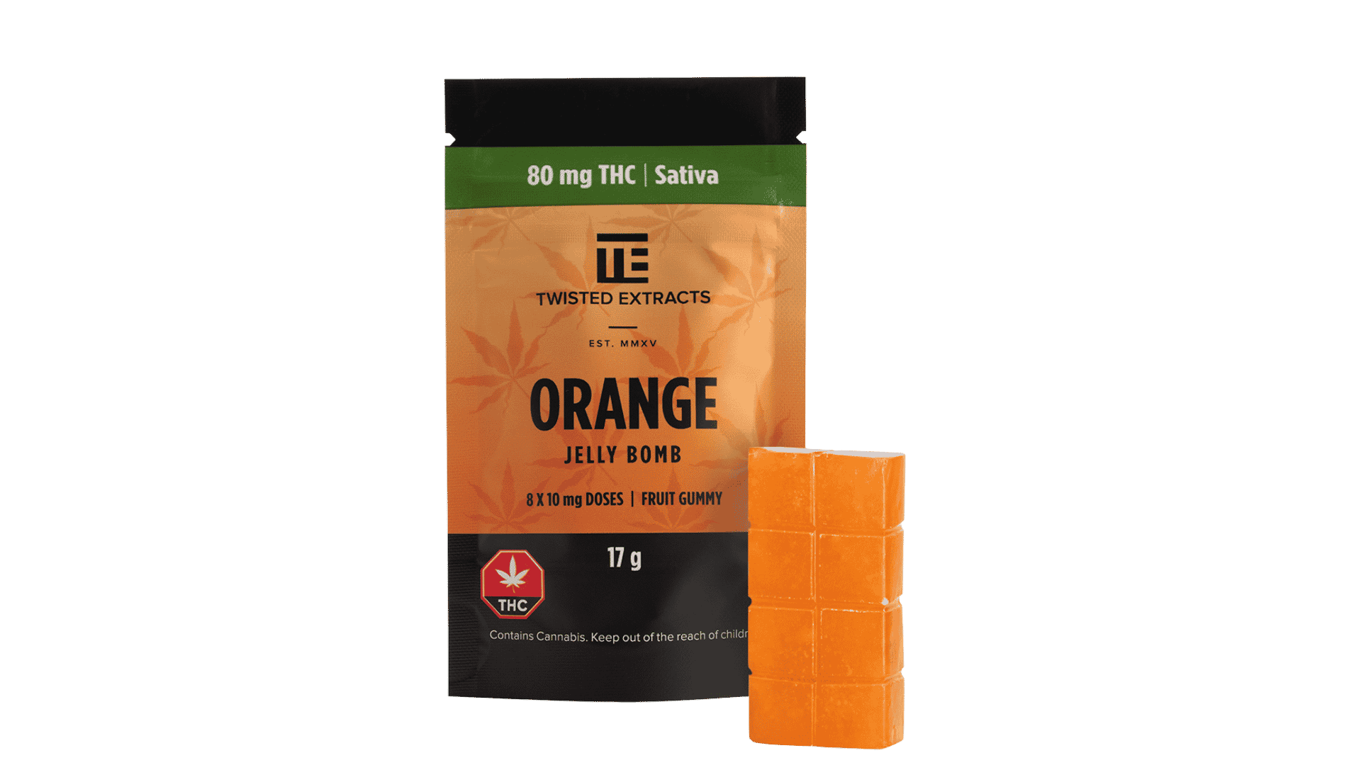 3-8.png Twisted Sativa Jelly Bomb - 80mg THC - Orange - Image 1